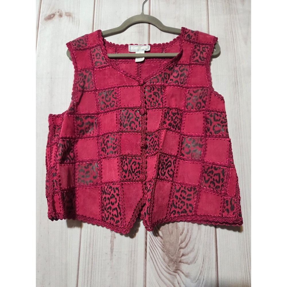 SMH Vintage Pink Patchwork Leather Leopard‎ Print Crochet Trim Vest XL